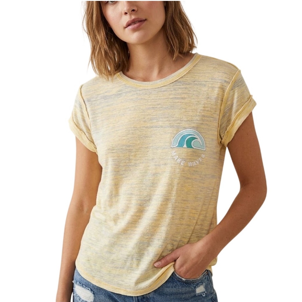 Free People We The Free Make Waves Yellow Space Dye Graphic Burnout Tee Euc